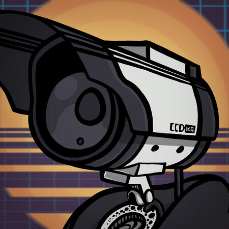 A headshot of (x), a CCD security camera objecthead, looking at the viewer; background is a retrowave grid and sun.